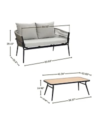 LuxenHome Outdoor Aluminum with Pe Rope Loveseat Sofa with Cushions and Coffee Table Set