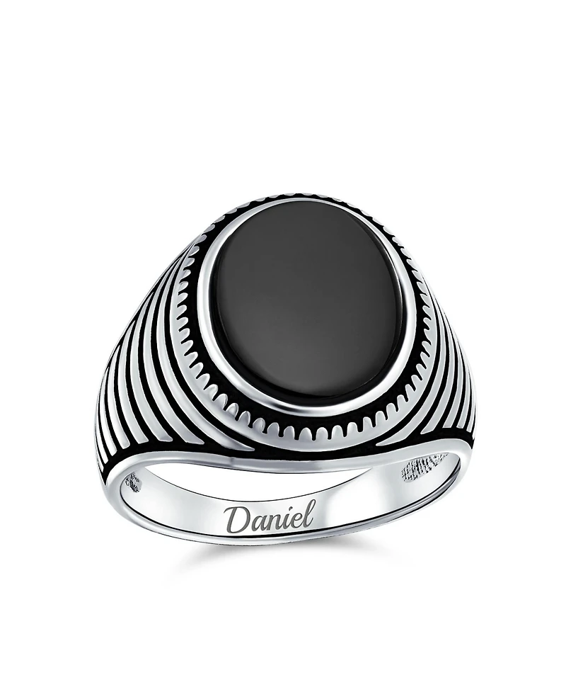 Bling Jewelry Retro Grooved Silver Ring with Black Onyx Square Signet Sterling Band