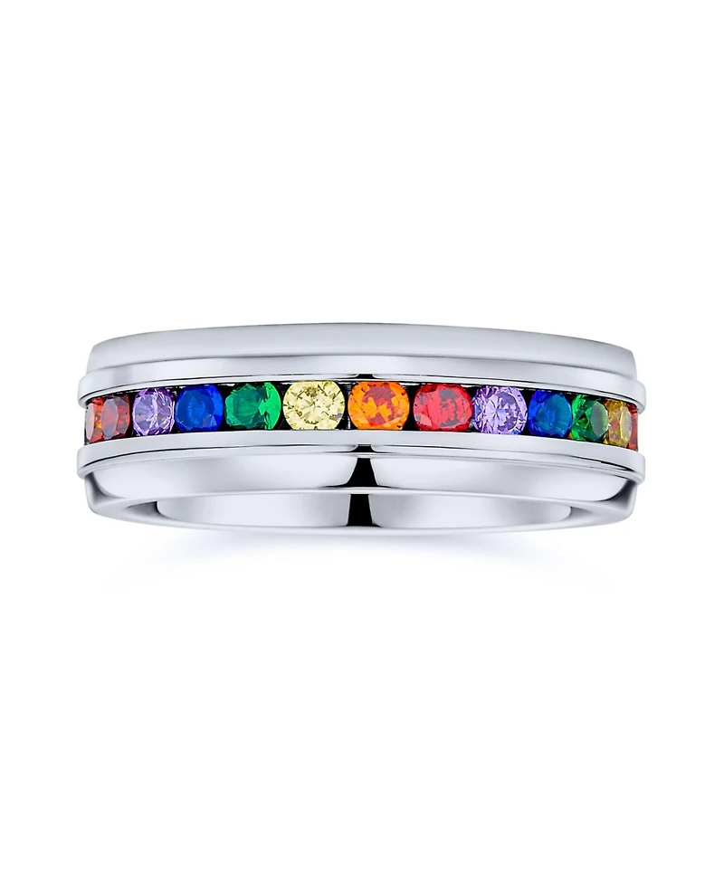 Bling Jewelry Stainless Steel Rainbow Cz Eternity Ring Lgbtq Band Comfort Fit