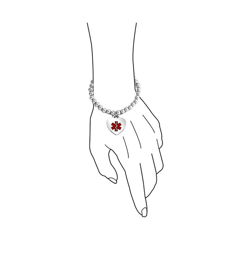 Bling Jewelry Medical Id Bracelet with Heart Charm and Stretchable Stainless Steel Tag