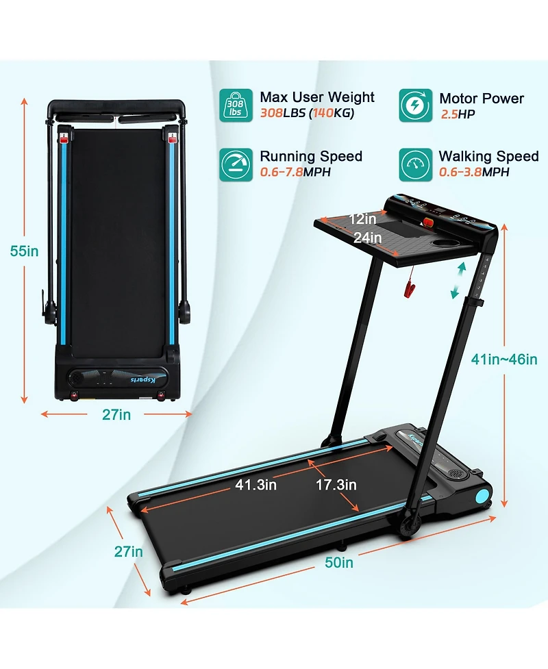 Ksports 3-in-1 Folding Electric Treadmill, Home Gym Cardio Strength Training Workout Set with Ab Mat, Sit Up Strap, Desk and Manual Incline