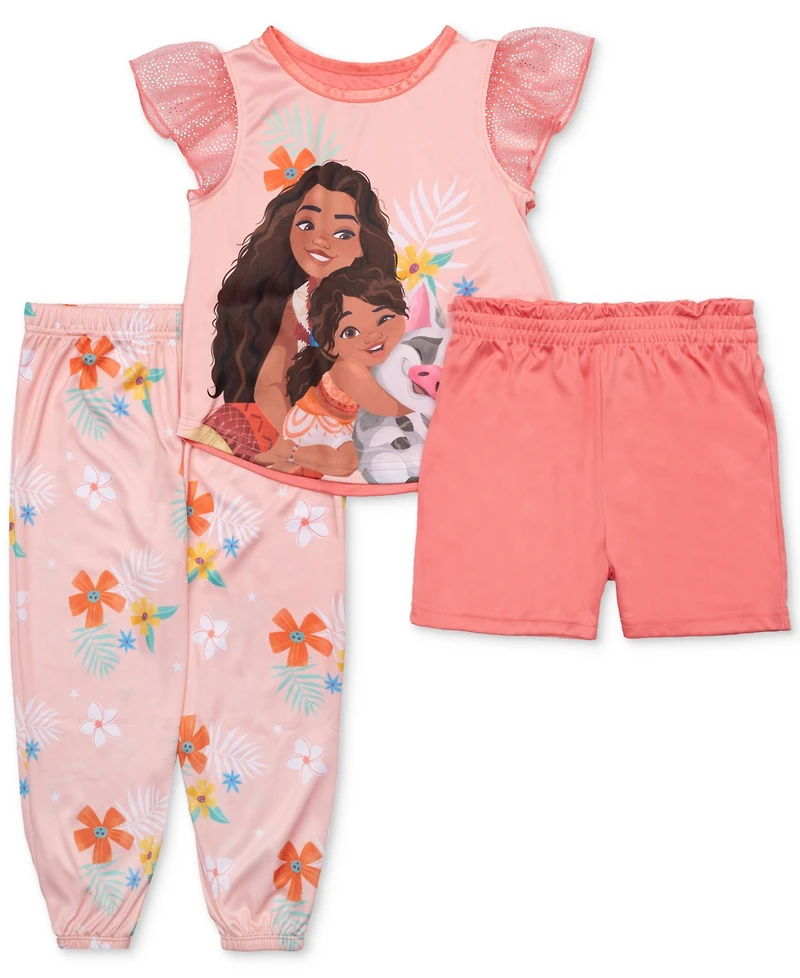 Moana Toddler Girls Frill-Sleeve Pajama Top, Shorts & Jogger Pants, 3 Piece Set