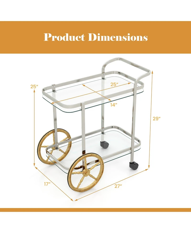 2-Tier Tempered Glass Bar Cart with 2 Large Aluminum Wheels and 2 Rolling Casters