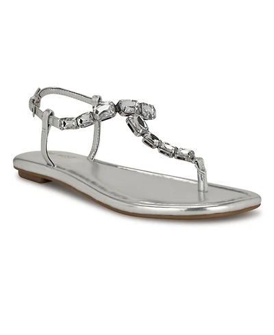 Nine West Women's Dynasti Embellished T-Strap Flat Sandals