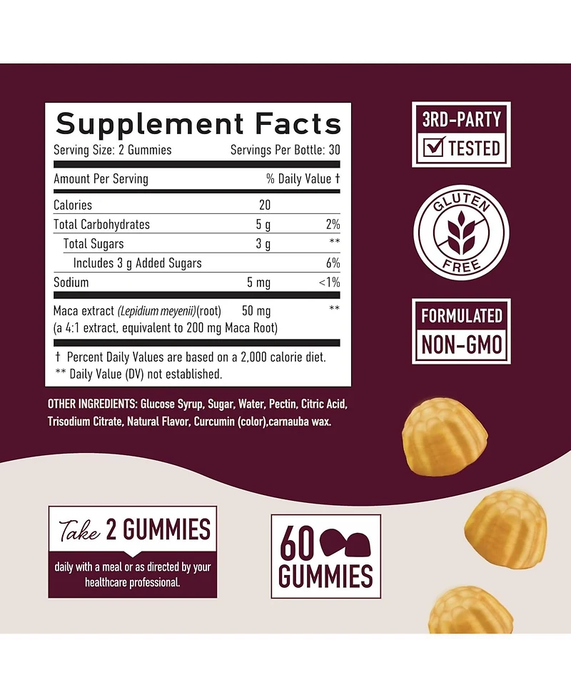 Maca Root Gummies with Natural Peach Flavors, Hormone Balance for Women and Men, SMNutrition, 60ct