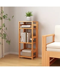 4-Tier Bookshelf Rubber Wood Bookcase with Side Fences for Living Room
