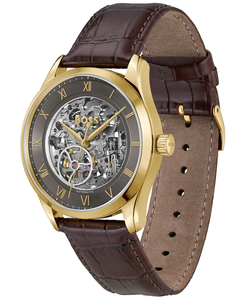 Hugo Boss Men's Principle Skeleton Mech-Automatic Brown Calfskin Watch, 41mm