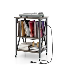 Mid-Century Record Player Stand with Built-in Charging Station