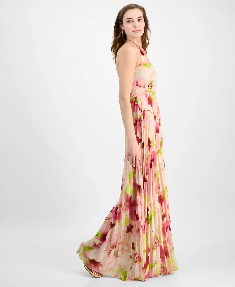 julia jordan Women's Pleated Floral Print Halter Maxi Dress