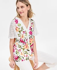 Jm Collection Women's Printed Lace V-Neck Top, Exclusively at Macy's