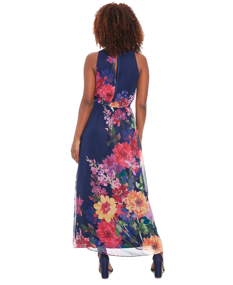 London Times Petite Floral-Print Halter Maxi Dress