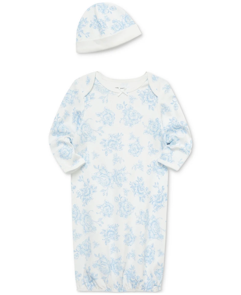 Little Me Baby Girls Blue Roses Cotton Gown & Hat, 2 Piece Set