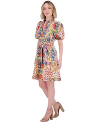 Vince Camuto Women's Printed Cotton Ruffle-Neck Tie-Waist Dress