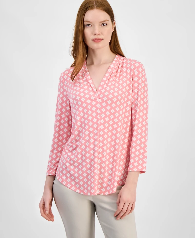 Jm Collection Women's Print & Solid 3/4 Sleeve V-Neck Knit Top