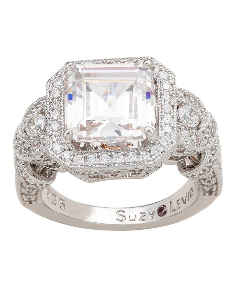 Suzy Levian Sterling Silver Asscher Cut Cubic Zirconia French Filigree Ring