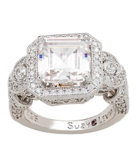Suzy Levian Sterling Silver Asscher Cut Cubic Zirconia French Filigree Ring
