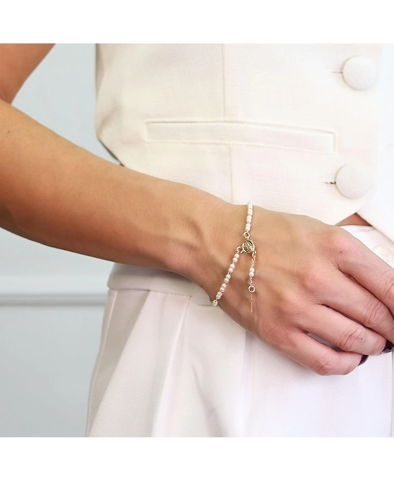 Bling Jewelry Dainty White Pearl Rosary-Bead Bracelet with Cross Gold Plated 7.5 Inch