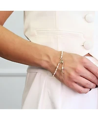Bling Jewelry Dainty White Pearl Rosary-Bead Bracelet with Cross Gold Plated 7.5 Inch