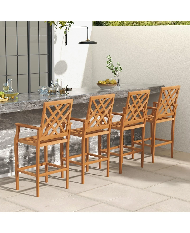 Patio Teak Wood Bar Stool Outdoor Counter Height Chair with Ergonomic Backrest