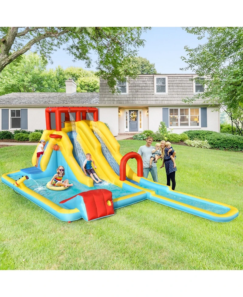 Dual Slide Inflatable Water Park with Climbing Wall & Bouncer Fun Outdoor Playset for Kids