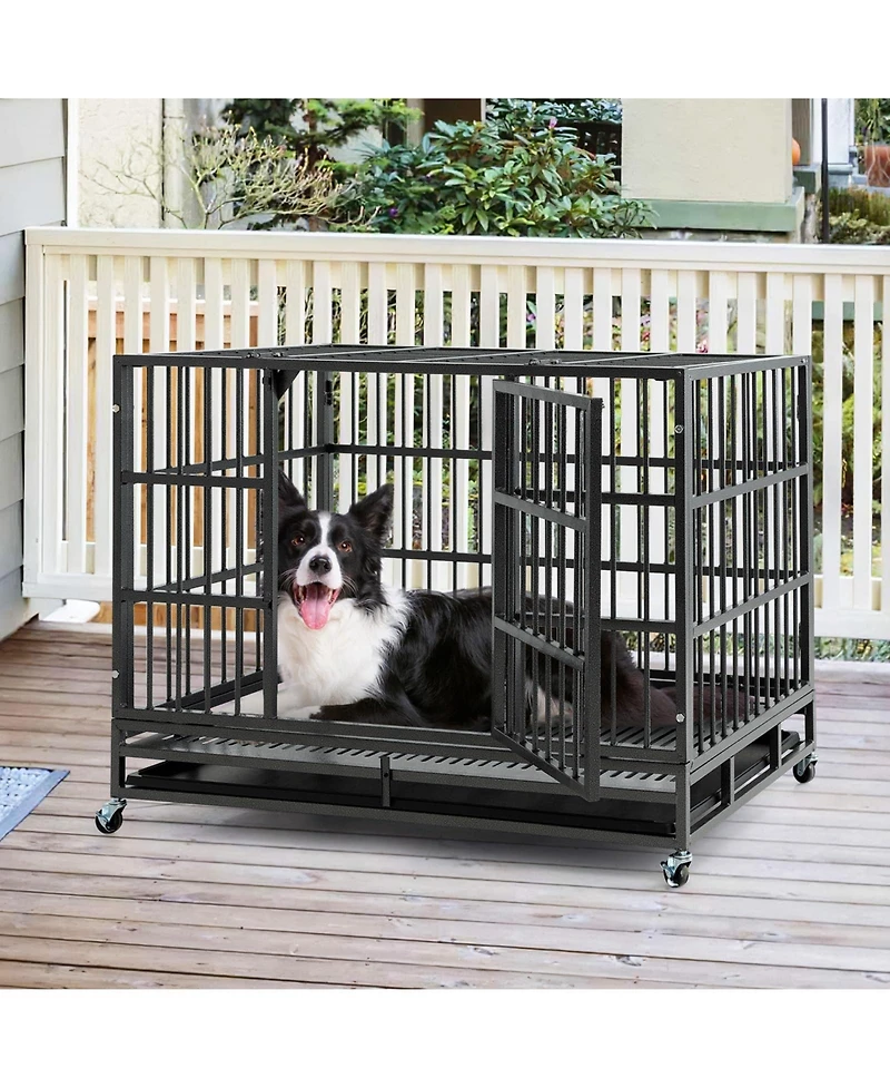 48 Inch Foldable Heavy-Duty Metal Dog Cage with Lockable Rolling Casters and Tray