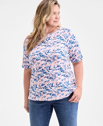 Style & Co Plus Printed Elbow-Sleeve Knit Top, Exclusively at Macy's
