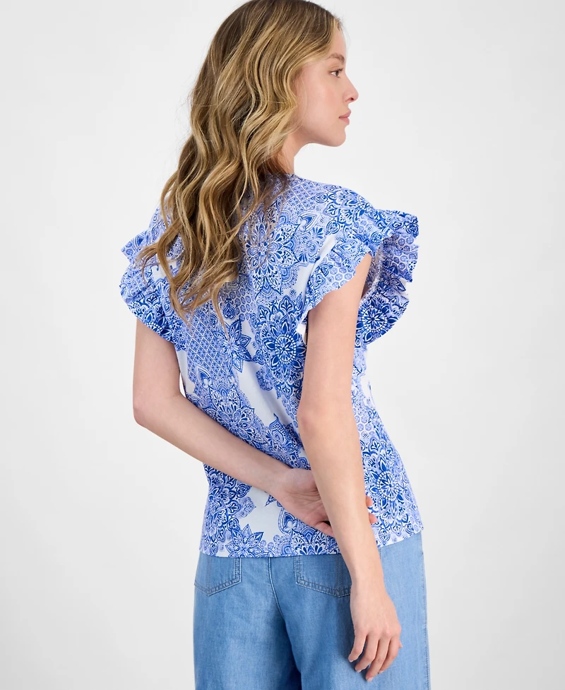 Nautica Jeans Women's Printed Flutter-Sleeve Top