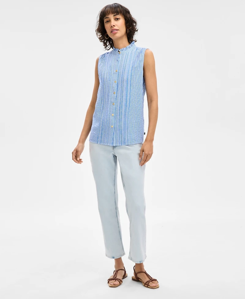 Nautica Jeans Women's Striped Ruffle-Neck Sleeveless Top
