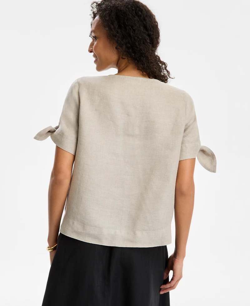 Charter Club Women's 100% Linen Split-Neck Tie-Cuff Top, Created for Macy's