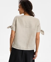Charter Club Women's 100% Linen Split-Neck Tie-Cuff Top, Created for Macy's