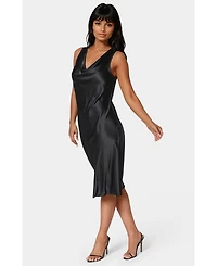 Bebe Women's Drape Front Sleeveless Satin Midi Dress