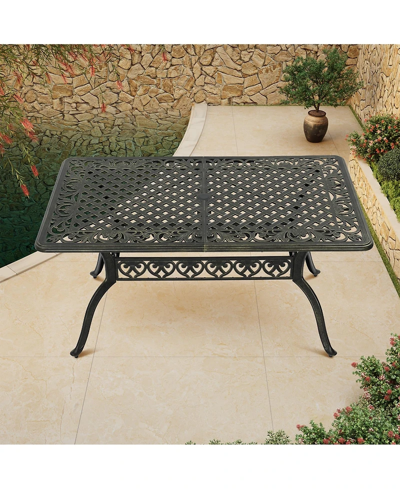 59 Inches Cast Aluminium Outdoor Dining Table Patio Rectangular Dining Table with Umbrella Hole Patio Bistro Table for Backyard Garden Patio, Antique