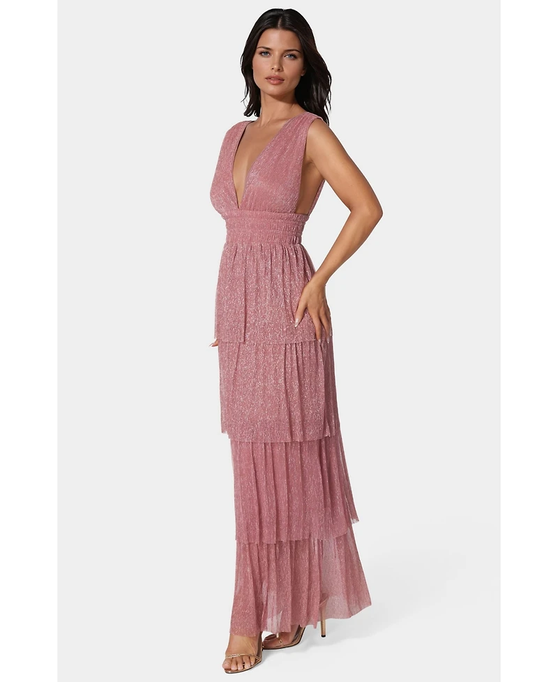 Bebe Women's Tiered Plunge Neck Lurex Midi Dress