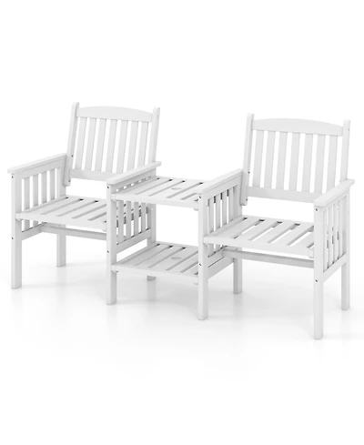 Outdoor Fir Wood Loveseat with 2-Tier Side Table and 1.96" Umbrella Hole