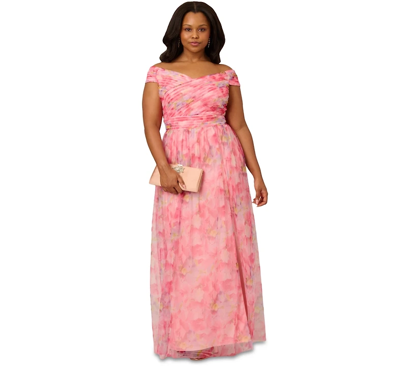 Adrianna Papell Plus Printed Tulle Off-the-Shoulder Gown