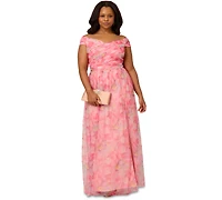 Adrianna Papell Plus Printed Tulle Off-the-Shoulder Gown