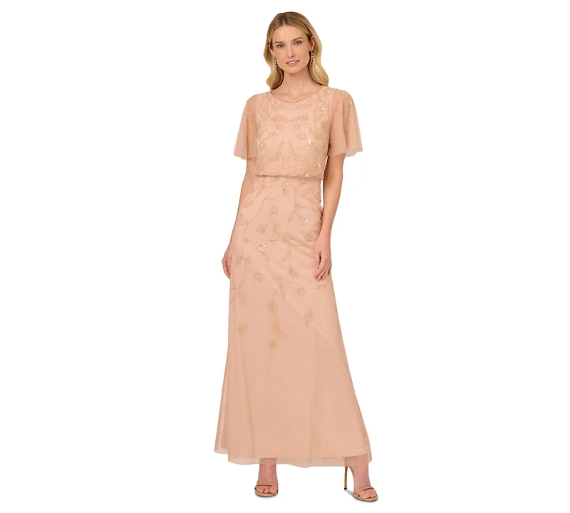 Adrianna Papell Women's Beaded Flutter-Sleeve Gown