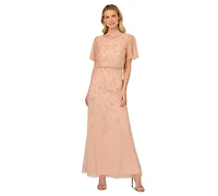 Adrianna Papell Women's Beaded Flutter-Sleeve Gown