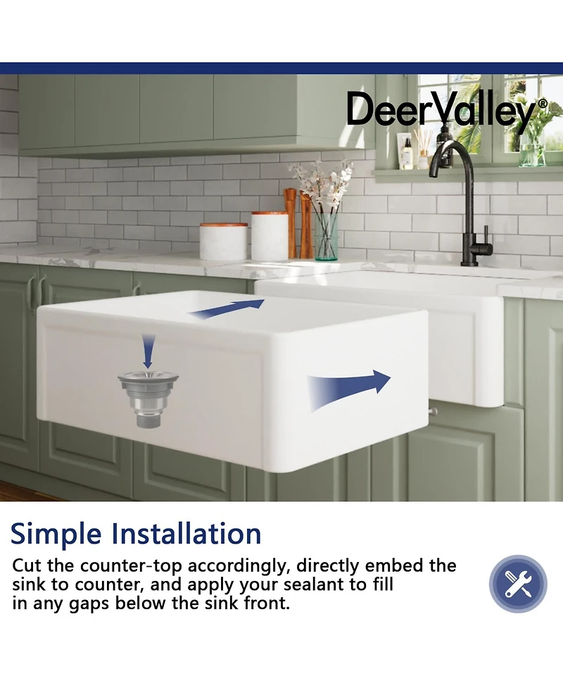 DeerValley 30" L x 20" W Single Bowl Fireclay Farmhouse Kitchen Sink with Bottom Grid and Strainer Drain