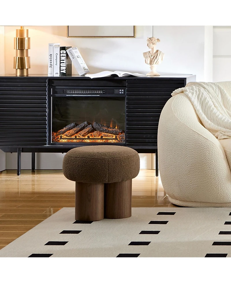 Mushroom stool, brown lamb wool seat, barrel Pvc pipe with walnut veneer
