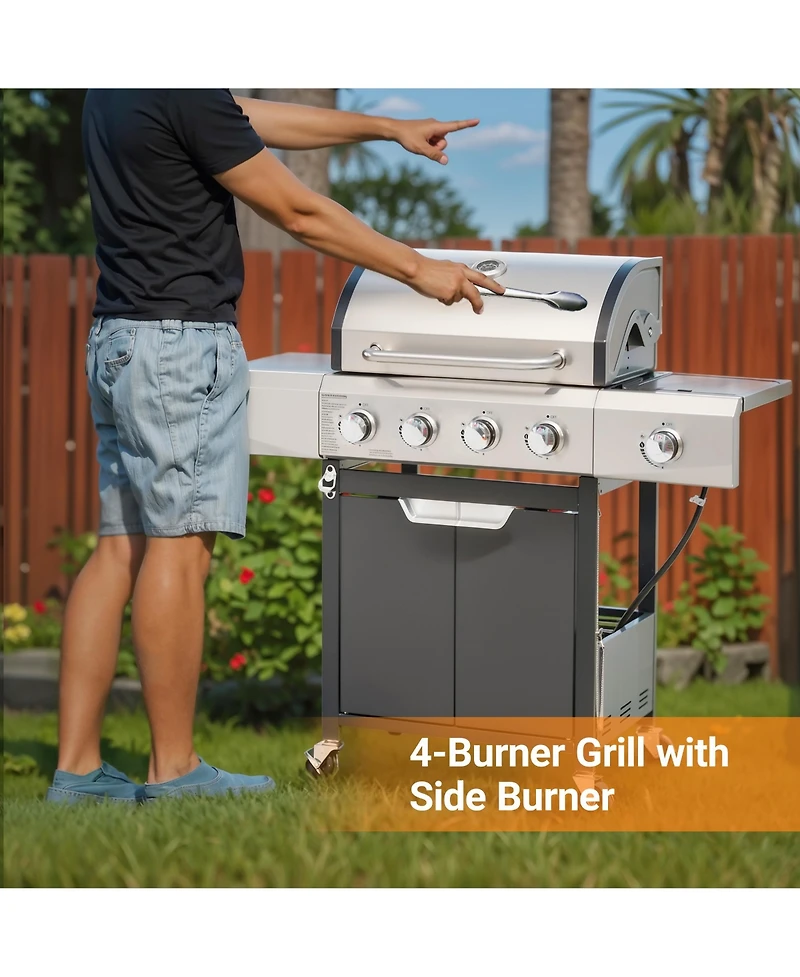 Streamdale Propane Grill 4 Burner Barbecue Grill Stainless Steel Gas Grill with Side Burner and Cover for Outdoor Bbq, Camping