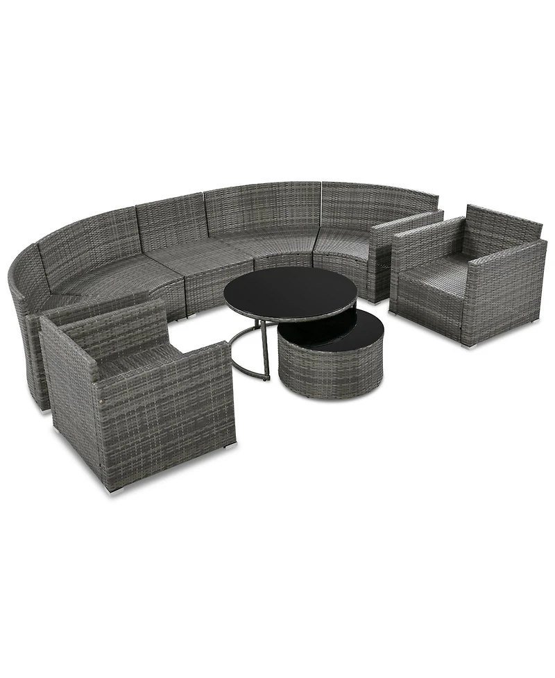 Streamdale 9-Pieces Outdoor Half-moon Patio Sofa Set, Round Sofa Set, Modern Style Sofa, Gray Wicker