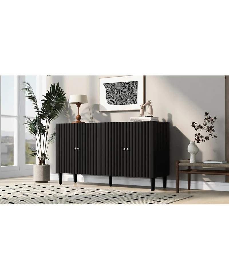 Streamdale Elegant Four-Door Sideboard with Wavy Doors, Cylindrical Legs & Metal Handles