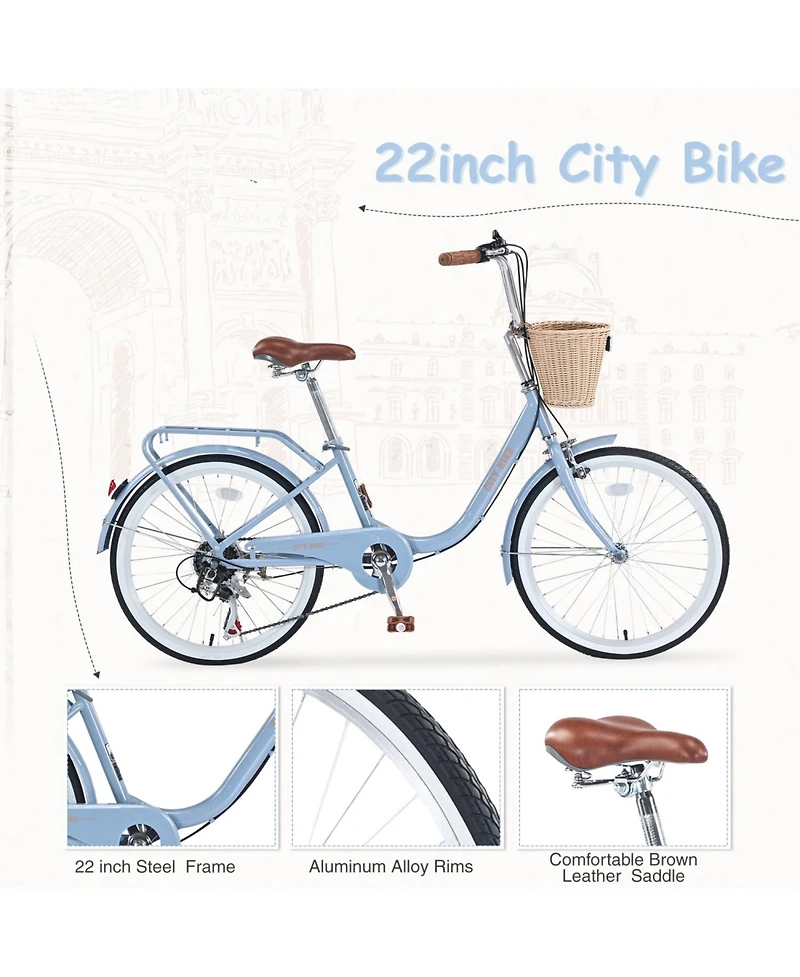 Streamdale 7 Speed City Bike With Basket, Steel Frame,Multiple Colors Inch Girls Bicycle