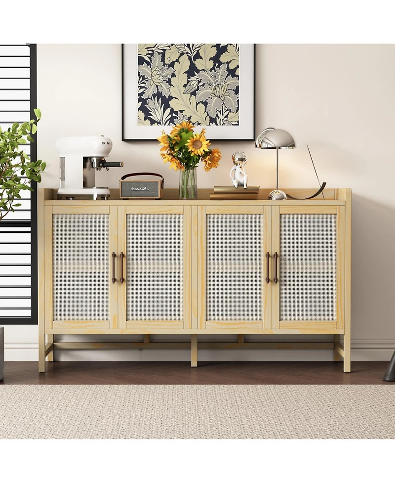 Streamdale Rustic Sideboard with Decorative Rattan Doors and Adjustable Shelves for Entryway, Dining Room, or Living Room (Natural)