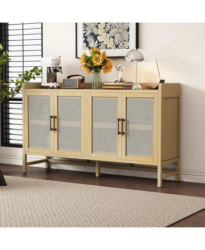 Streamdale Rustic Sideboard with Decorative Rattan Doors and Adjustable Shelves for Entryway, Dining Room, or Living Room (Natural)
