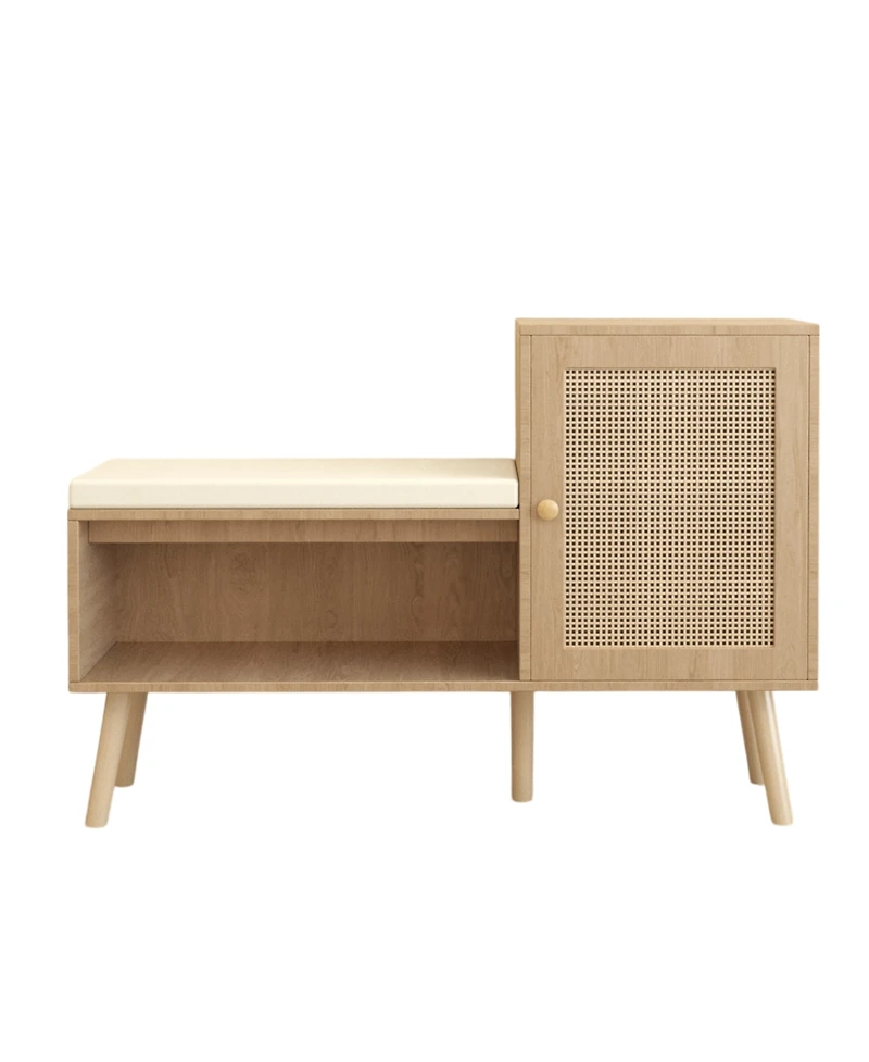 Streamdale 2-in-1 Shoe Bench with Cushion, Storage Shelves, and Natural Rattan