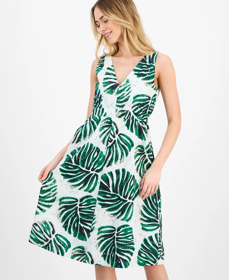 Anne Klein Women's Printed Cotton Eyelet V-Neck Dress