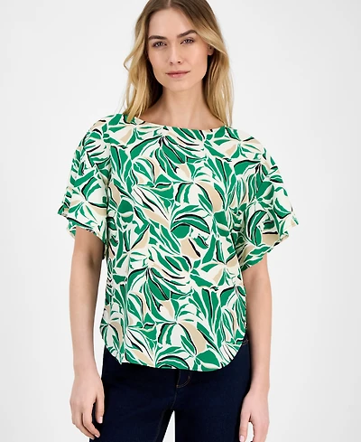 Anne Klein Women's Printed Boat-Neck Short-Sleeve Top