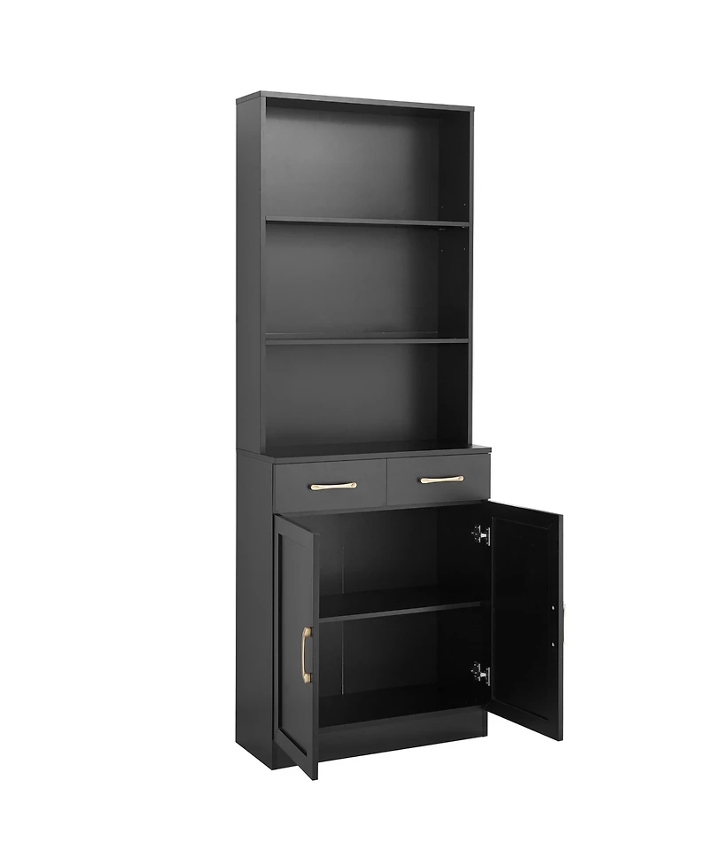 Bathroom Storage Cabinet, Cabinet with Two Doors and Drawers, Adjustable Shelf, Three-layer Open Shelf, Mdf Board, Black